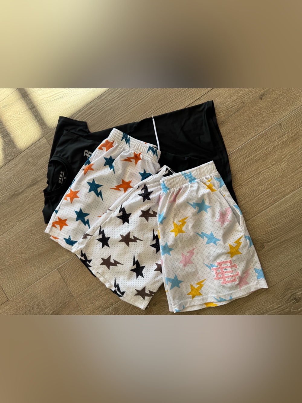 E E NYC Print Mesh Athletic Shorts in White, Black & Brown